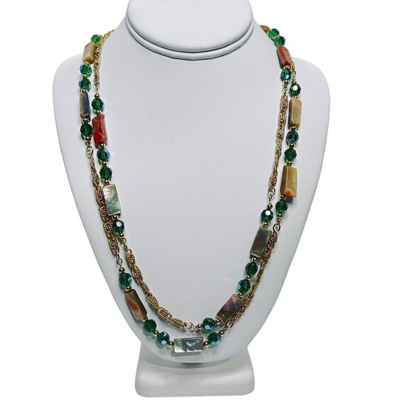 Heavy Gold Tone Snail Chain Necklace W/Abalone And AB Rhinestone Beads (5885) - Picture 1 of 8